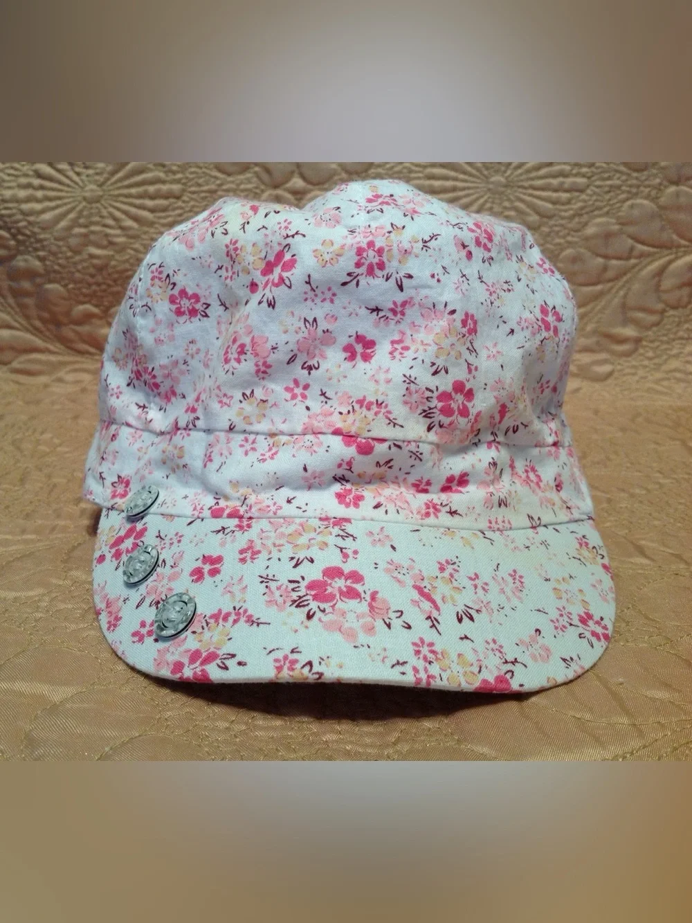 Floral Newsboy Cap White Pink Cottagecore Baker Boy Hat One Size